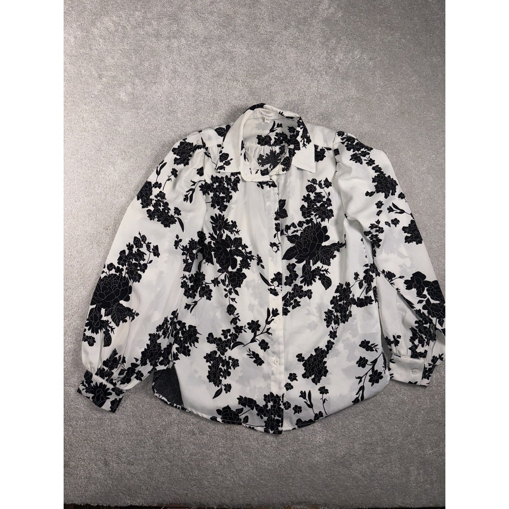 bohme black white floral button up blouse puff sleeve xs